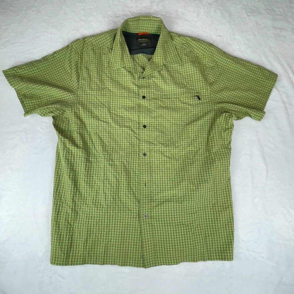 Eddie Bauer Shirt Mens L Green Checked Short Sleeve‎ Outdoor Fishing Button Down